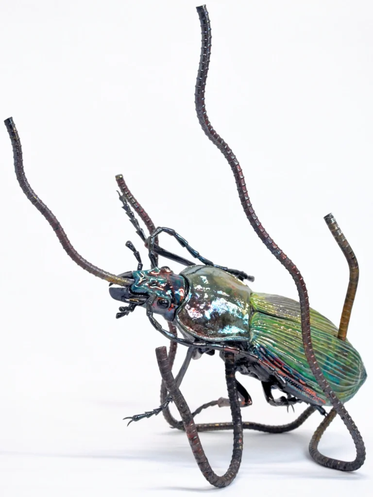 野村俊介の陶芸作品、鉄骨と粘土で冬虫夏草を模写した作品、鉄骨で菌体を表し、粘土で甲虫を表している、甲虫は光沢のある深緑色の体色をしており、上体が少し浮き上がった状態で斜めに横たわって固定されており、腹部、背部、胸部、口からうねりのある鉄骨が突き出ている、作品全体は鉄骨により支持されている。